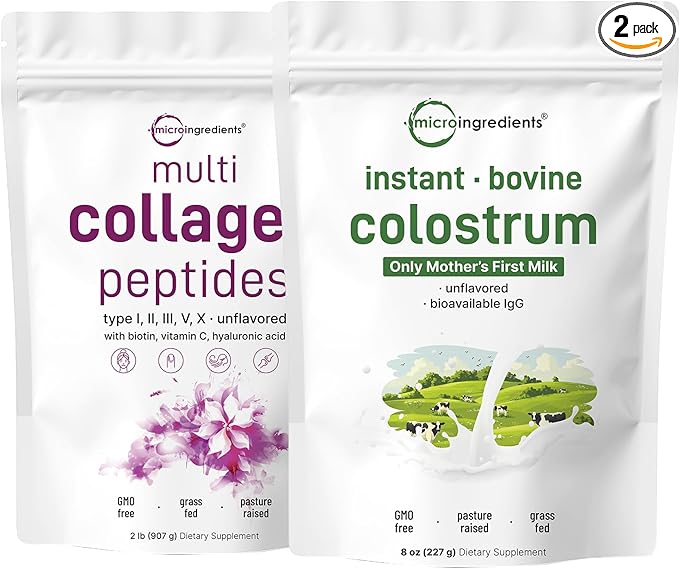 Micro Ingredients Multi Collagen Protein Powder 2 Pounds &amp Instant Colostrum Powder Bundle 2 Pack | Grass-Fed Collagen Peptides | Premium Bovine Mother’s First Milk