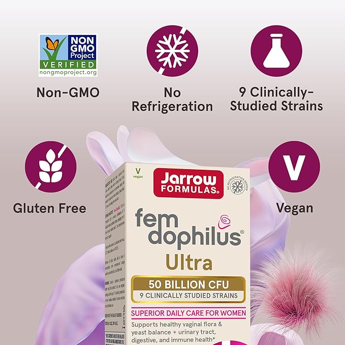 Jarrow Formulas Fem-Dophilus Vaginal &amp Digestive Probiotic 50 Billion CFU 9 Clinically-Studied Strains for Vaginal Flora &amp Yeast Balance Urinary Tract Digestive &amp Immune Support 30 C