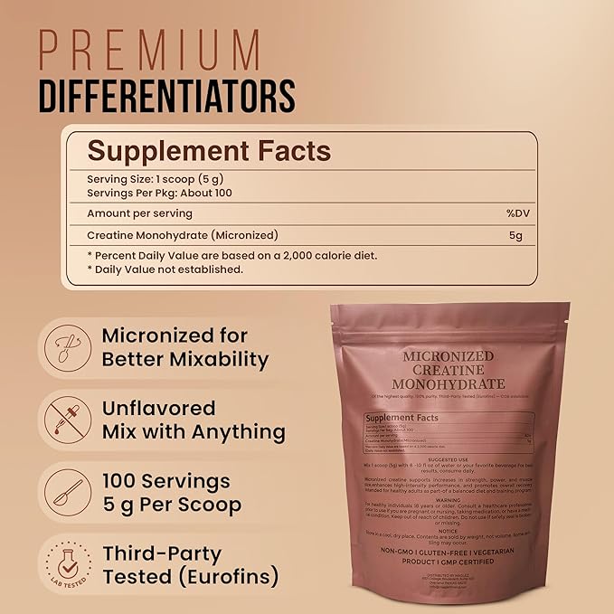 Micronized Creatine Monohydrate 500g (100 Servings) Unflavored - Lean Muscle Strength &amp Recovery - Third-Party Tested - Designed for Women