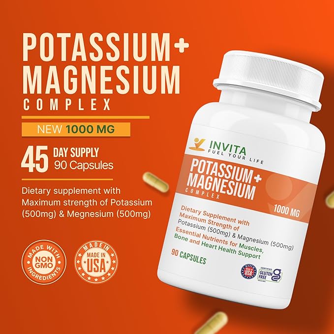 Invita Potassium Magnesium Complex 1000 MG for Leg &amp Muscle Support I (90 Capsules) - High Absorption Potassium Aspartate with Magnesium Aspartate Oxide Glycinate Gluconate &amp Citate