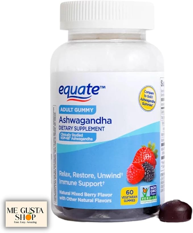 Equate Ashwagandha Vegetarian Gummy Supplement 60 Count + me Gusta stickes