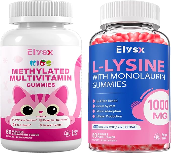 Kids Methylated Multivitamin &amp L-Lysine Chewable Gummies Immune &amp Brain Support Lip &amp Oral Health