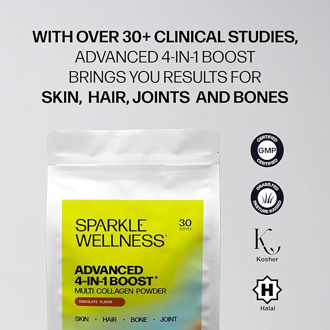 Sparkle Wellness Advanced 4 in 1 Boost | Clinically Tested Multi Collagen Powder with VERISOL FORTIBONE FORTIGEL TENDORFORTE | Skin Hair Bone Joint Health | Chocolate