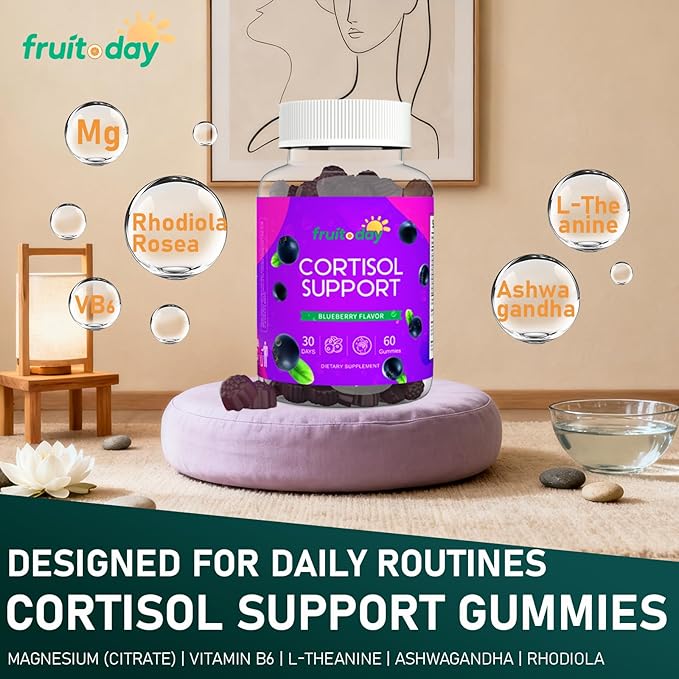 Cortisol Support Gummies with Ashwagandha &amp L-Theanine – 5-Ingredient Daily Formula Blueberry Flavor 60 Count