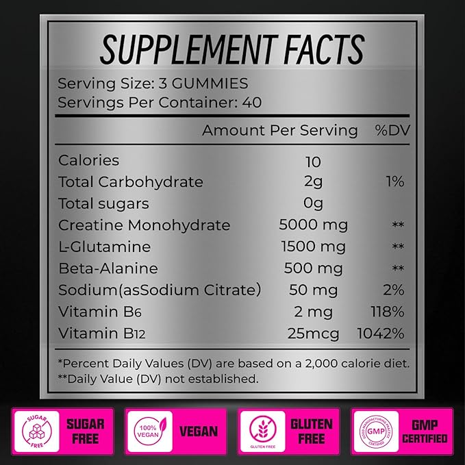 Creatine Monohydrate Gummies Creatine Complex for Men &amp Women for Improve Endurance Strength &amp Recovery with L-Glutamine Beta-Alanine Vitamin B12 Sugar-Free Vegan No Bloating GMP-certi