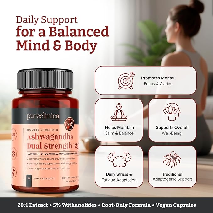 pureclinica Double Strength ZenVedha® Ashwagandha 12000mg x 90 Vegan Capsules – 5% Withanolides – with Vitamin B6 for Stress Relief Energy &amp Focus- 3 Month Supply