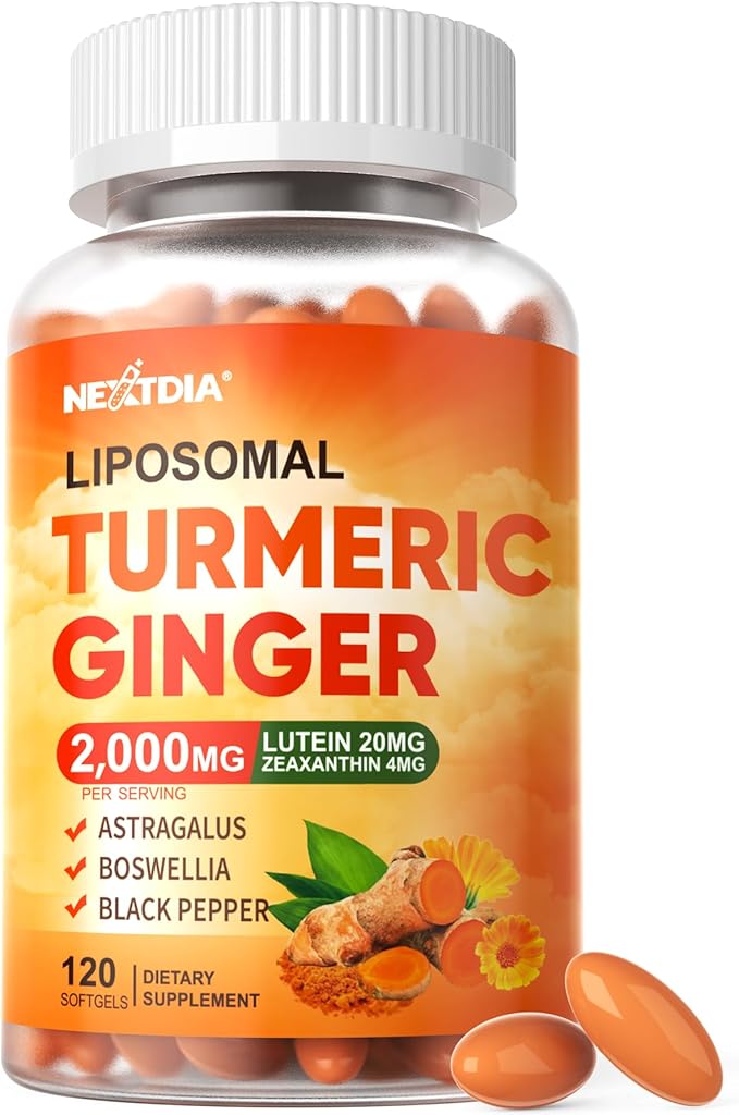 Liposomal Turmeric and Ginger Supplement Pills w/Lutein Zeaxanthin Softgels Organic Turmeric Curcumin with Black Pepper 2000mg Gel Capsules 95% Curcuminoids Superior Absorption Non-GMO 120ct