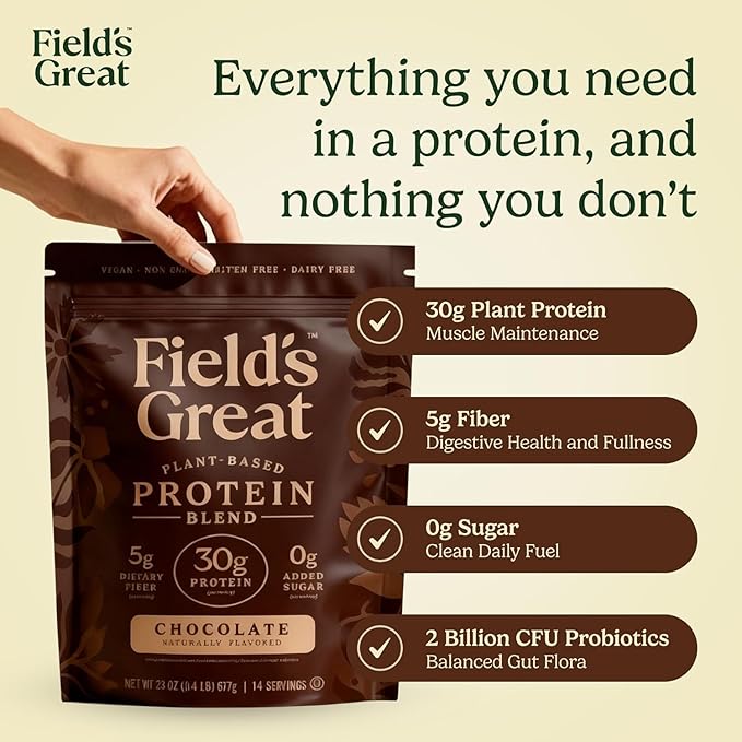 Field's Great Plant-Based Protein with Fiber for Muscle Maintenance Vegan Protein Powder Whey Free Gluten Free Dairy Free - 30g of Protein and 5g Fiber in Each Serving (Chocolate- 4 Pack)