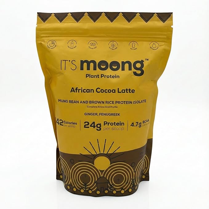 It’s Moong Plant Protein Powder African Cocoa Latte | Mung Bean &amp Brown Rice Isolate with Ginger &amp Fenugreek 24g Protein 4.7g BCAAs | Vegan Gluten Free Soy Free Sugar Free | 17.64 oz (500