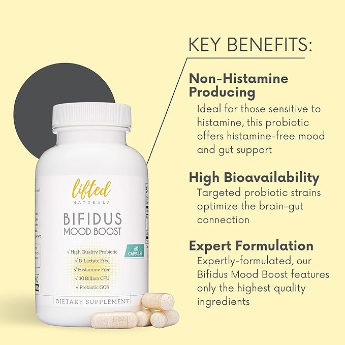 Probiotics 30 Billion CFU - Bifidus Mood Support Supplement w/prebiotics &amp probiotics for Women and Men - Mood &amp Digestion Support- Histamine Free - Natural Mood Boost - 60 Days Supply Non-GM