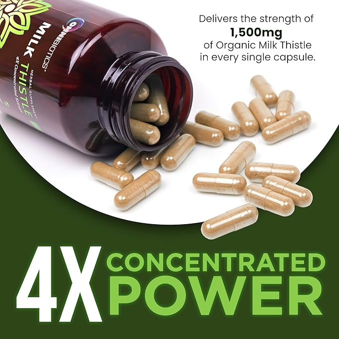 OmniBiotics Organic Milk Thistle Supplement 1500mg – 4X Concentrated Extract with Silymarin – High Potency Liver Detox &amp Support – 120 Vegan Capsules