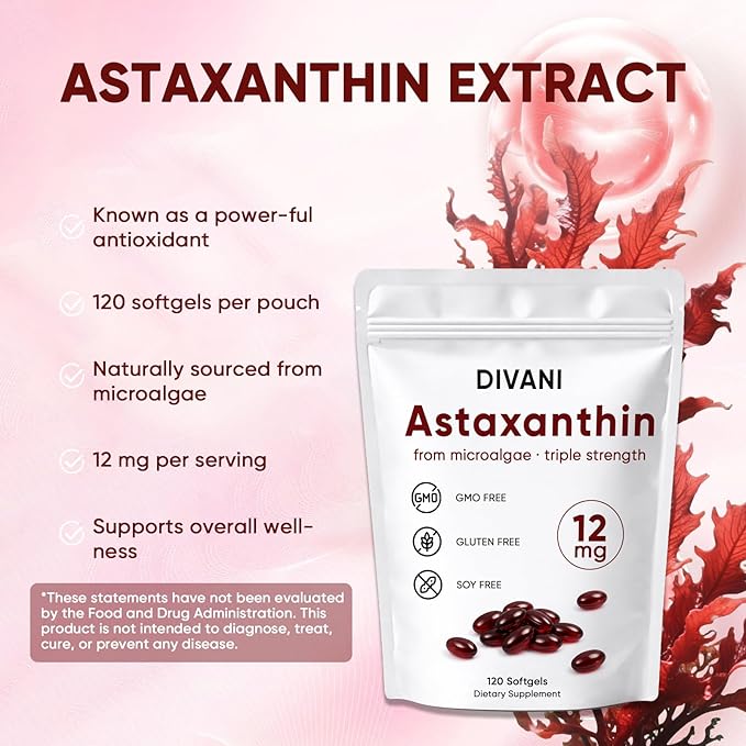 DIVANI Astaxanthin Astaxanthin 12mg Antioxidant Supplement for Daily Wellness Immune Eye &amp Skin Support Non-GMO Gluten Free - 120 Softgels (1)