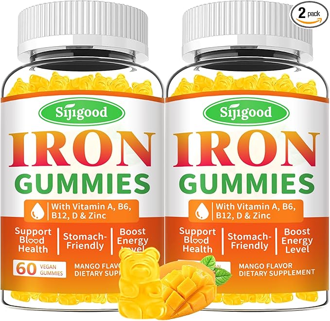 2 Pack Iron Gummies for Women &amp Men - Vegan Iron Supplement for Anemia &amp Iron Deficiency with Vitamin B12 Vitamin C Zinc Folate - Energy Boost Sugar-Free Mango Flavor 120 Count