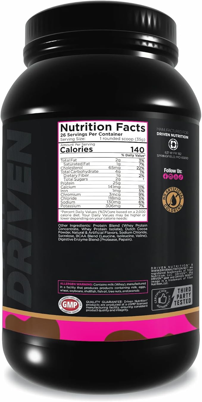Driven WHEY- Whey Protein Powder: Delicious Clean Protein Shake- Improve Muscle Recovery with 23 Grams of Protein with Added BCAA and Digestive Enzymes (2lb Chocolate Peanut Butter)