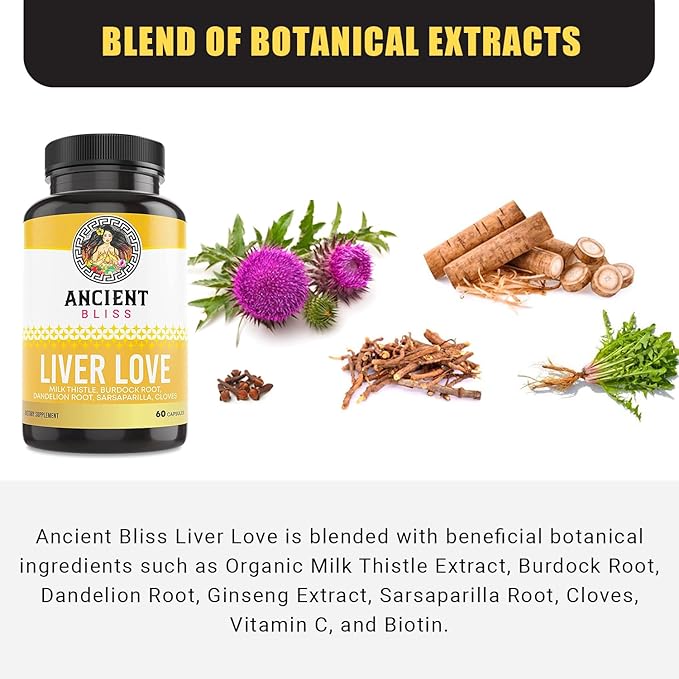 Ancient Bliss Liver Love - Natural Milk Thistle Liver Detox and Liver Health Cleanse Supplement - Support Healthy Liver in Men and Women - 60 Capsules - with Burdock Dandelion Cloves and More