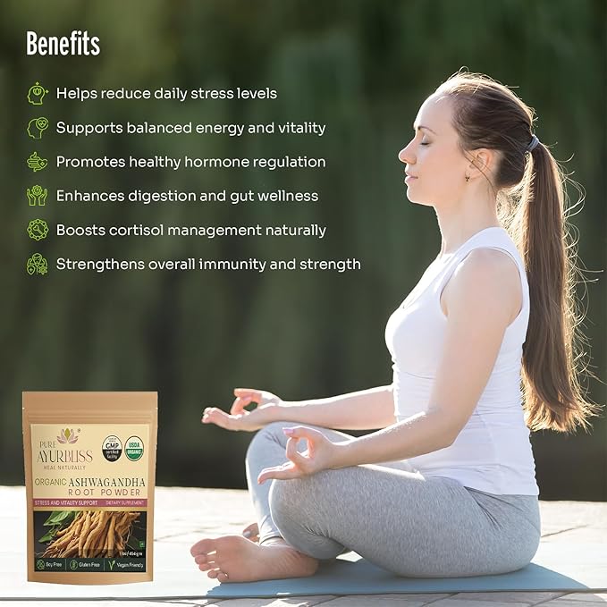 100% Organic Ashwagandha Powder Ayurvedic Blend for Stress Relief Energy and Hormone Balance Supports Digestion Vitality and Cortisol Care - 16oz