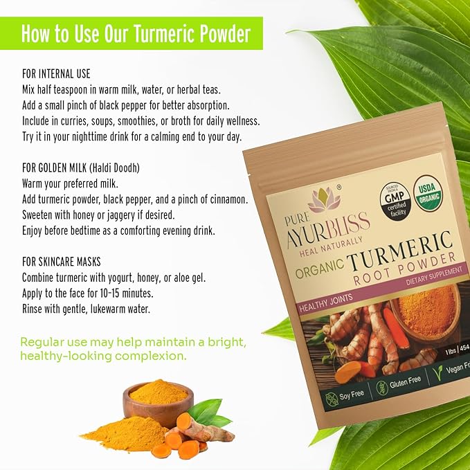 100% Organic Turmeric Powder for Daily Balance with Curcumin for Joint Health Immune Support and Gut Wellness Ayurvedic Superfood for Cooking Golden Milk DIY Masks - 16oz