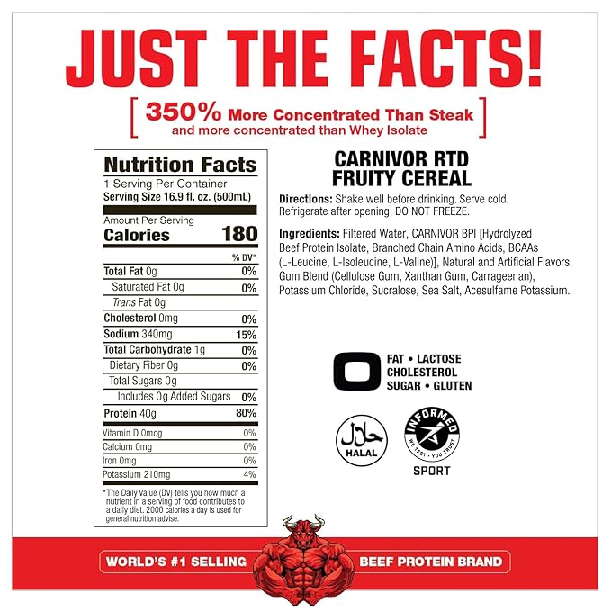 MuscleMeds Carnivor RTD Ready to Drink Protein Lactose Free Sugar Free 40g Isolate Protein Muscle Building Recovery Halal Certified Fruity Cereal 16.9 Fl Oz (Pack of 12)