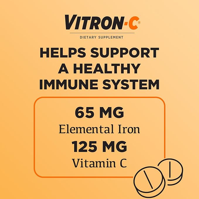 Vitron-C Iron Supplement Once Daily High Potency Iron Plus Vitamin C Support Red Blood Cell Production Dye Free Tablets 60 Count 2 Pack