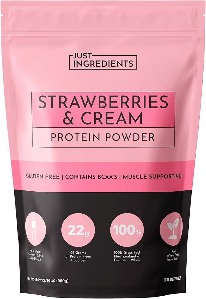 JUST INGREDIENTS Strawberries &amp Cream Protein Powder – 20-Serving Blend with 100% Grass-Fed Whey &amp Organic Plant Proteins – Real Strawberry Flavor – Supports Muscle Recovery Energy*