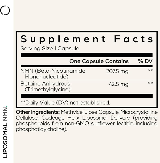 Codeage Liposomal NMN &amp TMG Supplement - Nicotinamide Mononucleotide NAD+ Precursor Betaine Anhydrous Trimethylglycine TMG - Non-GMO - 30 Capsules