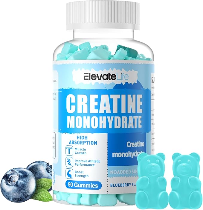 ElevateLife Creatine Monohydrate Gummies for Men &amp Women Chewables Creatine Monohydrate for Muscle Strength Muscle Builder Energy Boost Pre-Workout Supplement(90 Count)-Blueberry