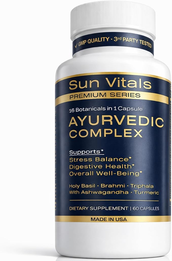 Sun Vitals Adaptogen Complex – Ashwagandha Turmeric Brahmi &amp Holy Basil | 16 Ayurvedic Botanicals | Stress Balance Cognitive &amp Digestive Support | Triphala Shilajit &amp Cordyceps | 60 Ve