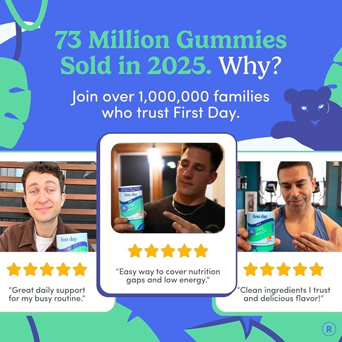 FIRST DAY Multivitamin for Men + Organic Fruit &amp Veggie Blend Mens Multivitamins Gummies with 13 Key Nutrients for Energy Focus Immunity - Vitamins A B1 B2 B6 B9 B12 C D3 K - 30 Day Sup