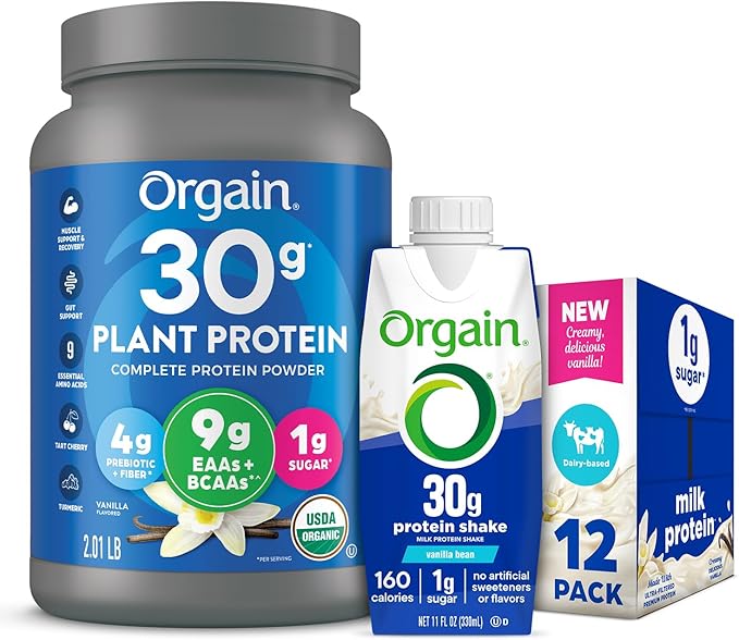Orgain 30g High Protein Ready To Drink Shake Vanilla Bean 11 Fl Oz (Pack of 12) + Orgain Organic 30g Vegan Protein Powder Vanilla 2.01 lb (Packaging May Vary) Bundle