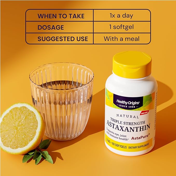 Healthy Origins Astaxanthin 12 mg (Natural Astapure Triple Strength Non-GMO Gluten Free Eye Support Joint Support Immune Support) 60 Softgels