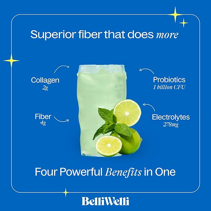 Daily Fiber Supplement Bundle with Collagen Probiotics Electrolytes &amp Hydration Support - Cucumber Lime Mint &amp Peach Mango Flavors - Promotes Digestive Skin Health Gut Balance - 32 Serving