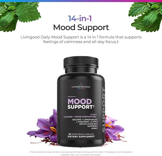 Livingood Daily Mood Support Supplement for Women &amp Men 14-in-1 Formula with L Theanine Lemon Balm GABA Saffron 5-HTP &amp B12 Supports Focus &amp Emotional Wellness Gluten Free Vegan 6