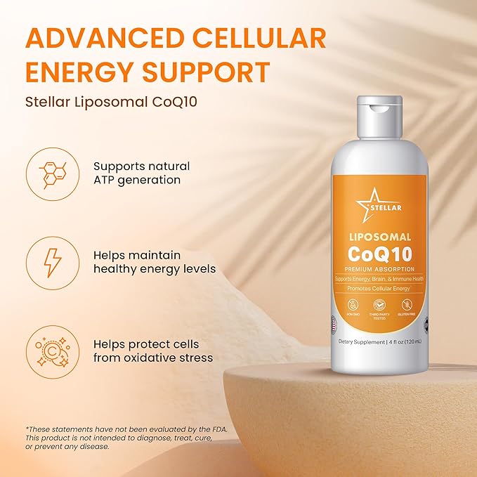 Stellar Liposomal CoQ10 Liquid – Premium Absorption Ubiquinone for Heart Energy &amp Cellular Health – Non-GMO Gluten-Free Third-Party Tested – 4 fl oz (120 mL)