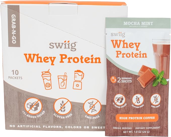 swiig Single Serve Whey Coffee Mocha Mint 10pk – Premium Daily Whey Protein 20g Gluten Free GMO Free No Fillers No Artificial Flavors