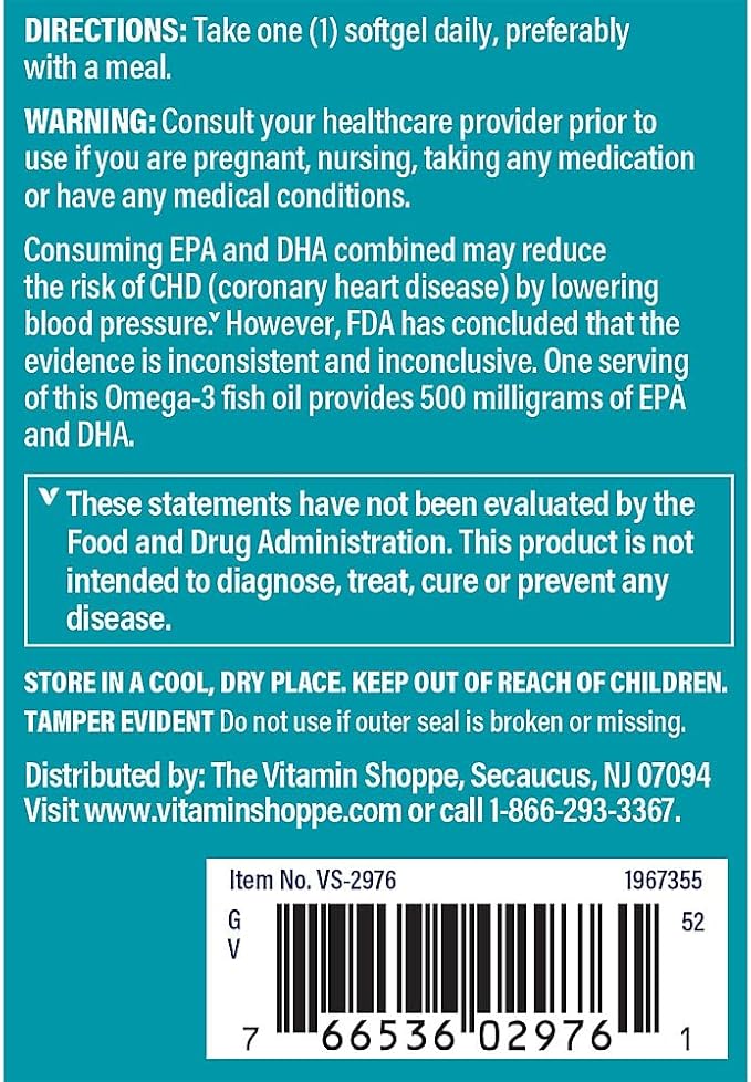 The Vitamin Shoppe Omega 3 Fish Oil 1000MG EPA DHA - Heart Health Brain Function &amp Joint Support Molecularly Distilled (120 Softgels)