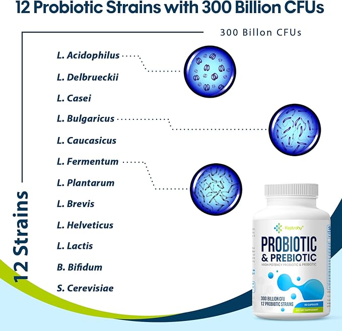 Probiotics for Women &amp Men 300 Billion CFU Probiotics from 12 Strains + Organic Prebiotics Blend for Daily Digestive Immune Gut Bloating Gut Health for Women &amp Men Shelf Stable - 60 Caps