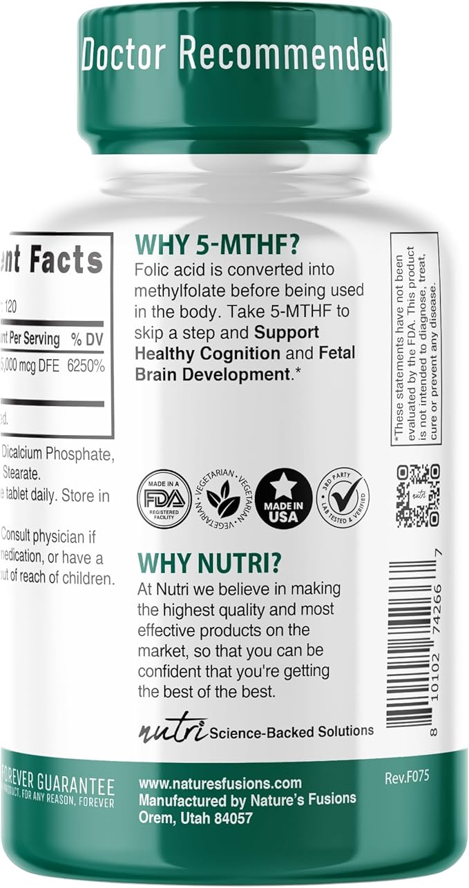 Nutri 5-MTHF L Methylfolate 15MG - 4 Month Supply 120 Vegan Tablets - Methylated Folate Supplement - Cognitive Function Heart Health Prenatal Support - 3rd Party Tested - NSF Certified Facility