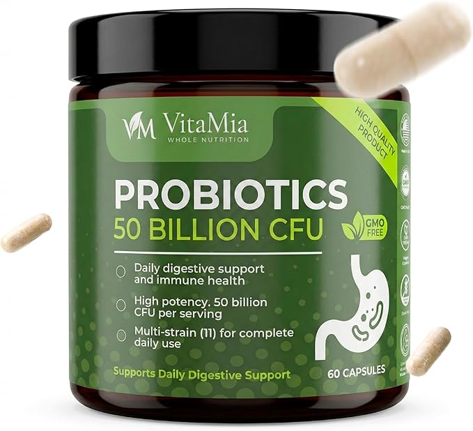 VitaMia Probiotics 50 Billion CFU Probiotic + Prebiotic Fiber Capsules 60 Count 11 Strain Formula – Daily Digestive Balance Gut &amp Immune Wellness for Men &amp Women – Vegan &amp Gluten Free