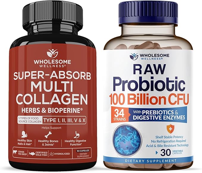 Wholesome Wellness Super-Absorb Multi Collagen Pills (Type I II III V X) Organic Herbs and Bioperine + Organic Probiotics 100 Billion CFU Dr Formulated Probiotics for Women Men &amp Adults Bundle