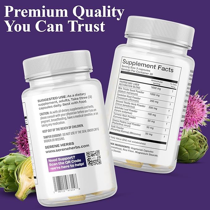 Serene Herbs Liver Cleanse Detox &amp Repair Formula – Pure Health Liver Support with Milk Thistle Artichoke &amp Dandelion Root for Fatty Liver &amp Liver Health Herbal Detox Supplement Capsules