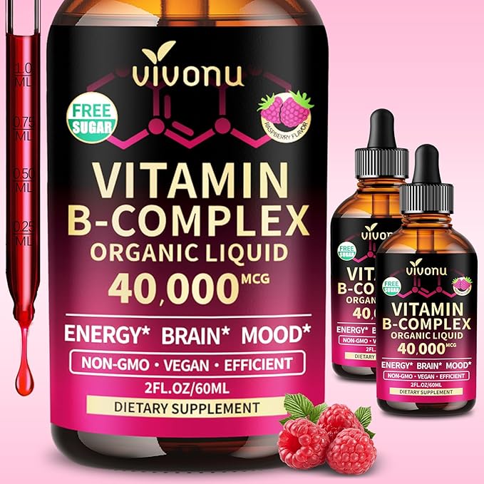 VivoNu 2 - Pack Vitamin B Complex Liquid Drops Vitamin B12 (6000 mcg) B6 B1 B2 B3 B5 and Methylfolate Support Energy Raspberry Flavor Natural Ingredient Non GMO