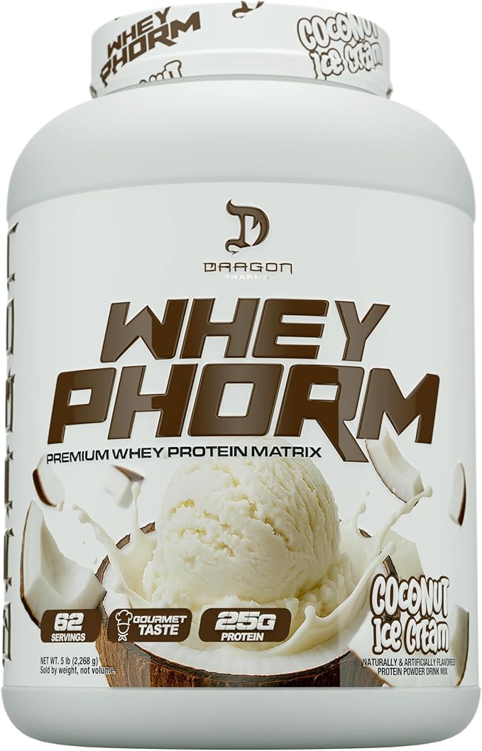DRAGON PHARMA WheyPhorm Whey Protein Blend Fast Absorption Gluten Free Premium Whey Protein Matrix Maximize Recovery Great Tasting 25 Grams of Protein (5lb Coconut Ice Cream)
