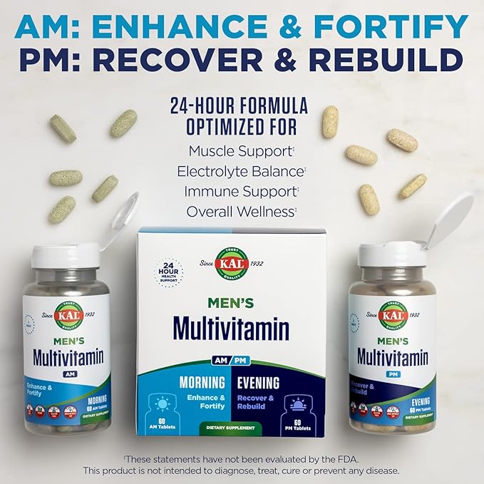 KAL Men's Multivitamin AM/PM Antioxidants Supplement Muscle Immune Electrolyte Balance Overall Wellness Support Made Without GMOs and Soy Vegan 30 Servings 120 Tablets