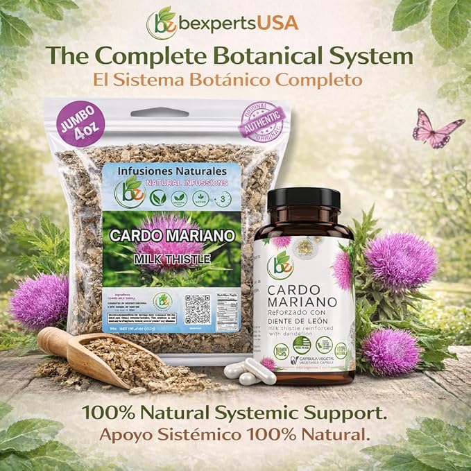 Cardo Mariano Herb Tea &amp Capsules | Vegan | 100% Pure &amp Natural Milk Thistle | Loose Tea 4oz (113g) + 60 Capsules (1000 mg Each) - Herbal Dietary Supplement | Extra Forte