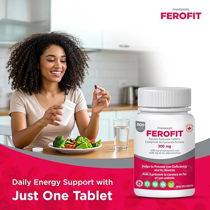 Ferofit - Ferrous Fumarate 300mg (100mg Elemental Iron) Prevents Anemia Due to Deficiency Iron Supplement for Women &amp Men 500 Tablets