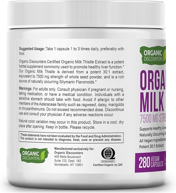 USDA Organic Milk Thistle 30:1 Extract Capsules 280 Vegan Capsules Rich in Silymarin Flavonoids Liver Cleanse and Liver Detox Support Standardized 30X Extract Made in the USA