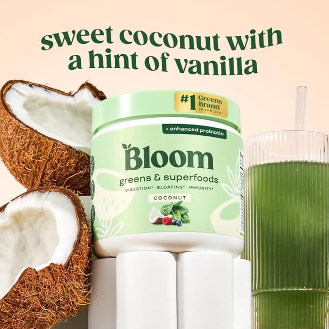 Bloom Nutrition Superfood Greens Powder Digestive Enzymes with Probiotics and Prebiotics Gut Health Bloating Relief for Women Chlorella Green Juice Mix with Beet Root Powder 30 SVG Coconut