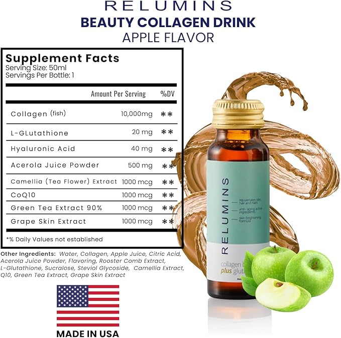Relumins World's Most Advanced Collagen Drink - 10000mg w/Glutathione &amp Antioxidants | USA's No.1 Liquid Collagen Anti-Aging Spring Glow Essentials | Apple Flavor | Made in USA - 20 Bottles