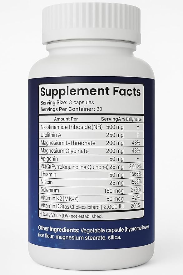 MitoFusion Complete Anti Aging NAD+ and Mitochondria Support Formula with 500mg Nicotinomide Riboside 250mg Urolithin A 25mg PQQ 50mg Apigenin. Energy | Focus | Longevity | Performance | Recovery