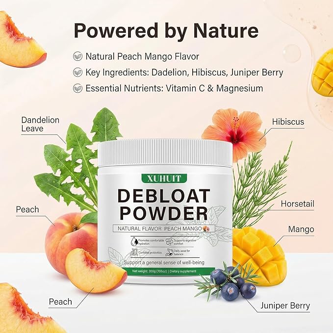 Digestive Support Powder for Occasional Bloating Relief with Vitamin C Dandelion Root &amp Horsetail Extract Natural Peach Mango Flavor Non-GMO 200g (7.05oz) for Women &amp Men (1)